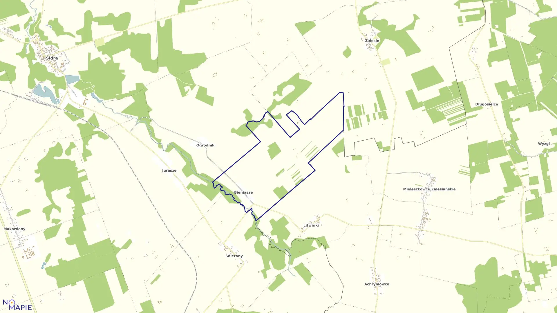 Mapa obrębu BIENIASZE w gminie Sidra